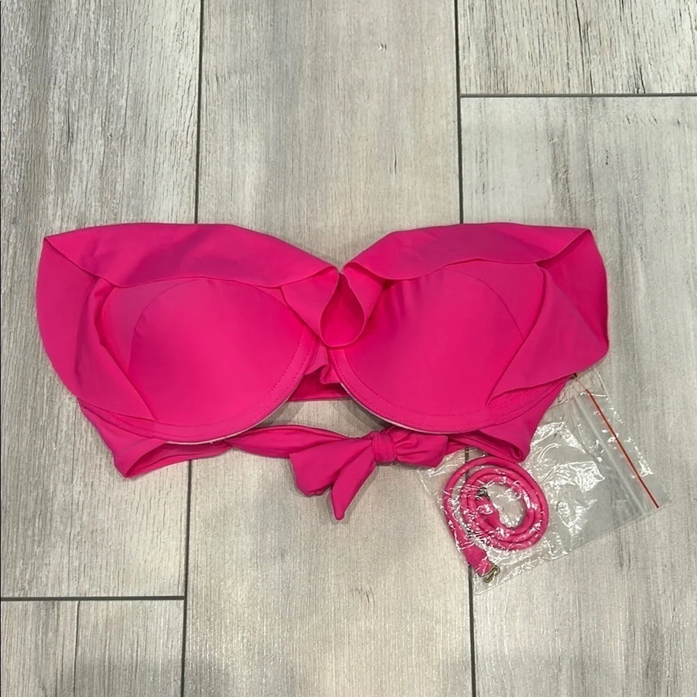 Tori Praver hot pink ruffled strapless swim bikini top size XS